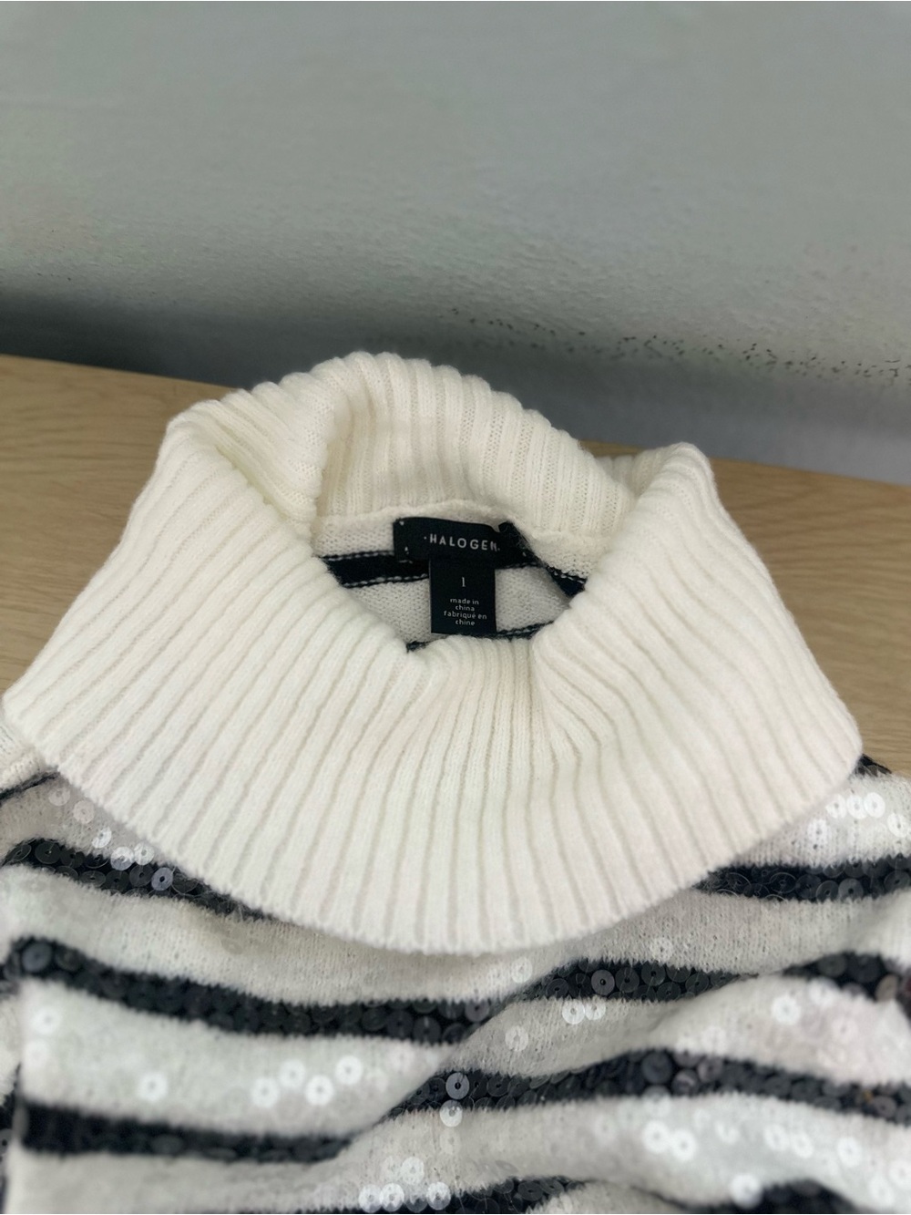 Halogen Cream Turtleneck Sweater with Black Sequin Stripes